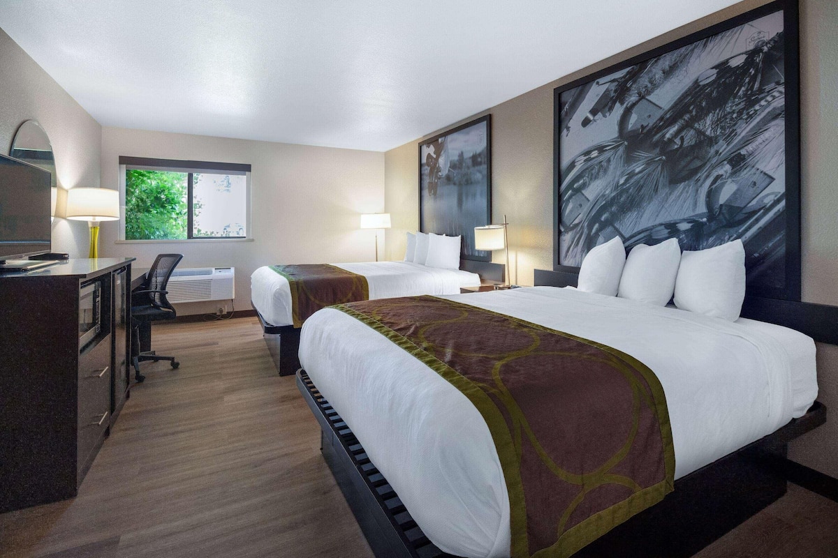 A hotel room with a large bed, two bedside tables, a desk with a chair, a TV, and a window with a view of greenery.