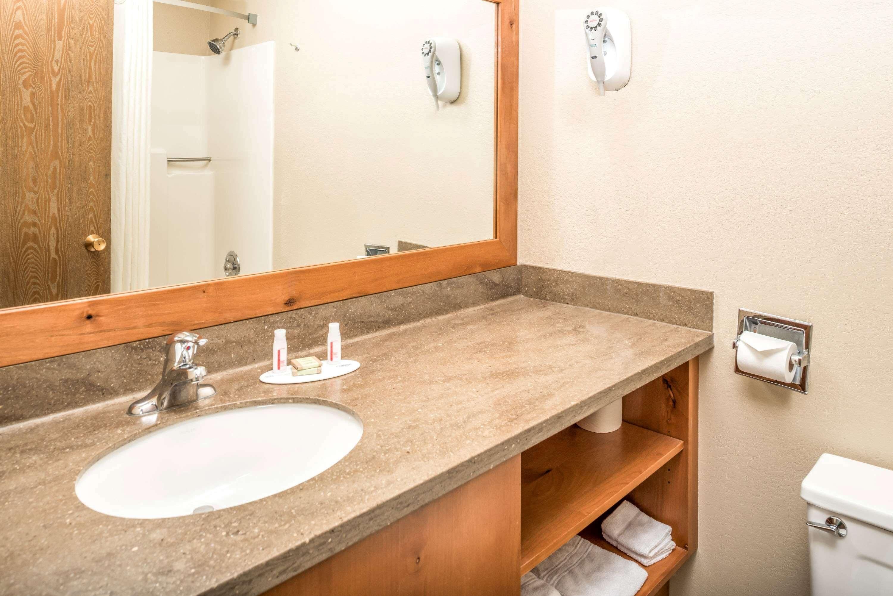 Une salle de bain avec un meuble-lavabo en bois, un évier, un miroir, des toilettes et un porte-serviettes.