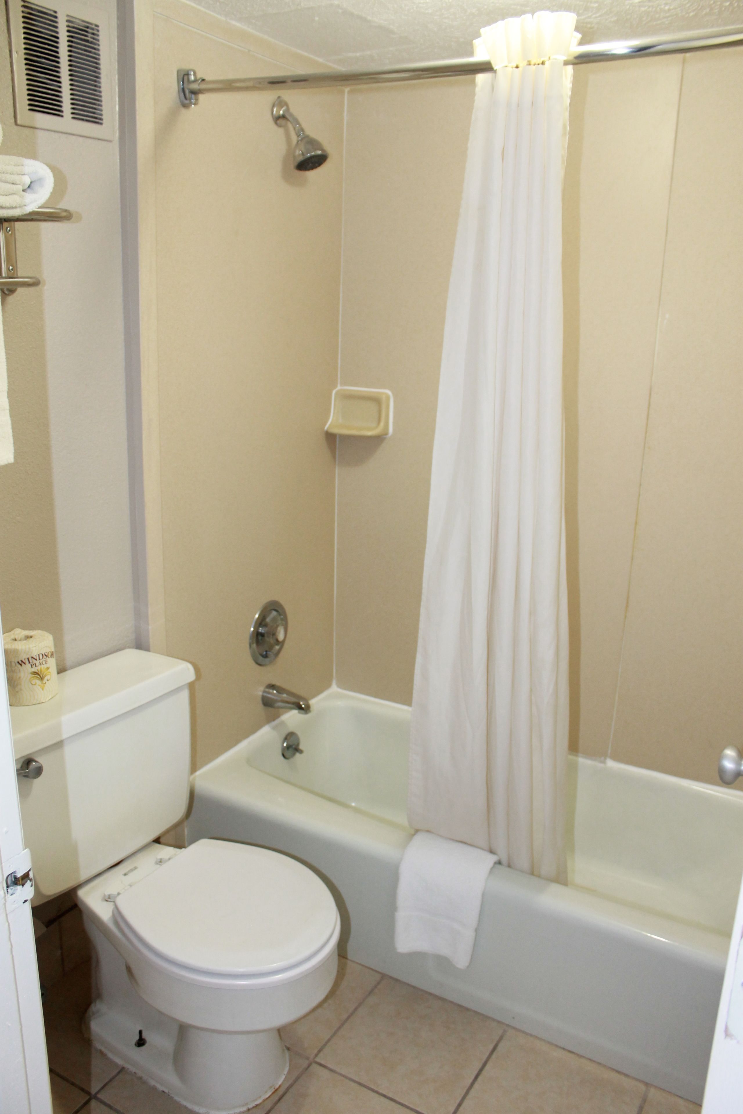 A bathroom with a toilet, bathtub, and shower curtain.