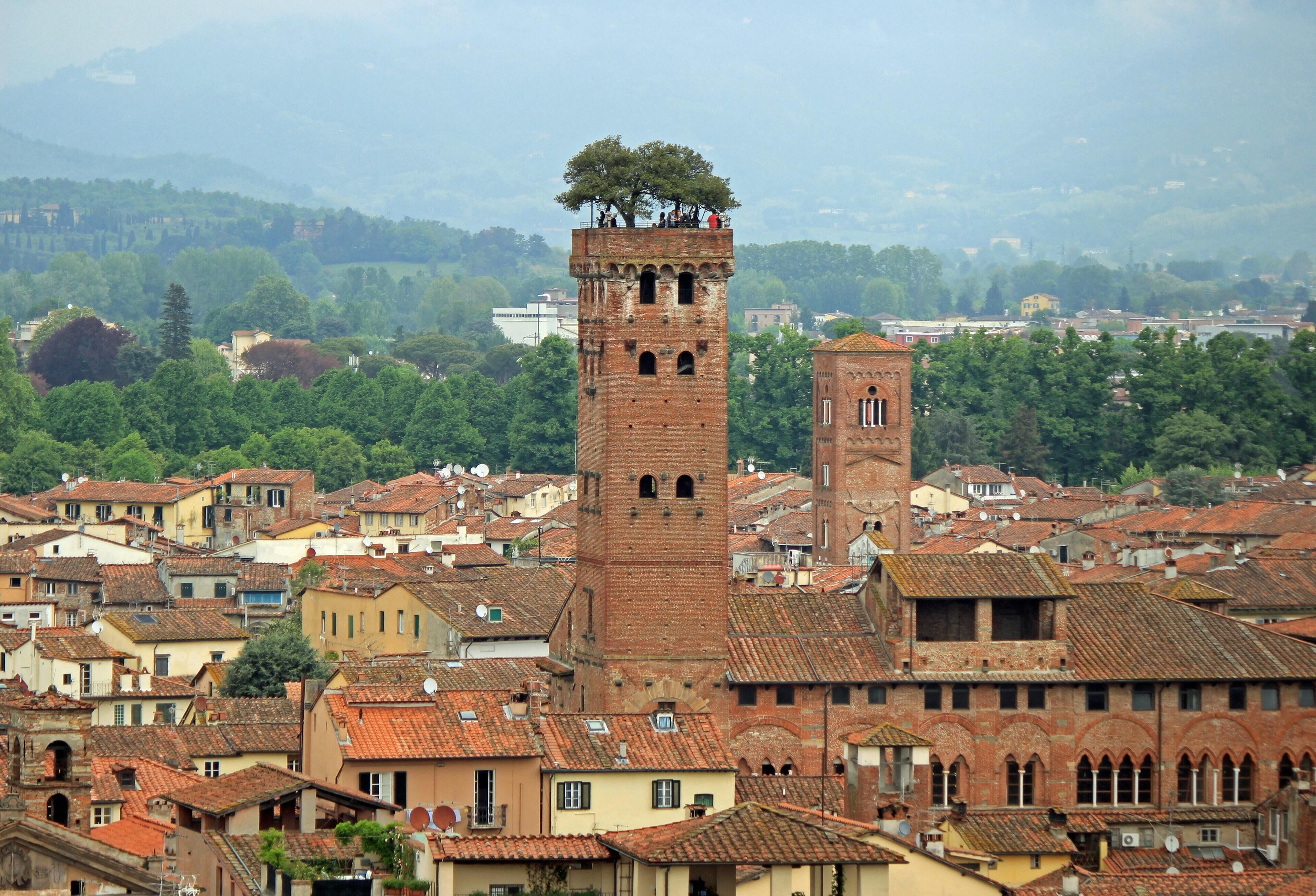 A historic town with a prominent tower featuring a tree on top, surrounded by traditional buildings with red-tiled roofs.