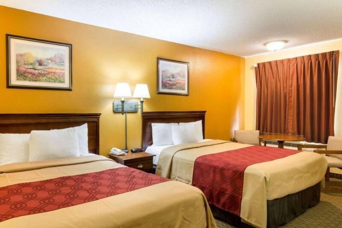 Habitación de hotel con dos camas, un escritorio, una silla y dos cuadros en la pared.