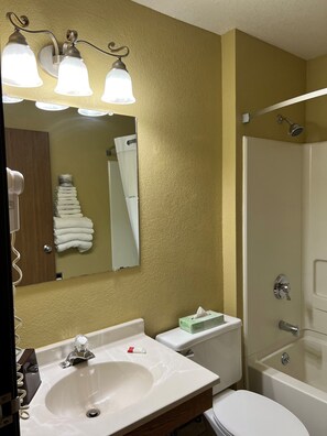 Combined shower/bathtub, free toiletries, hair dryer, towels