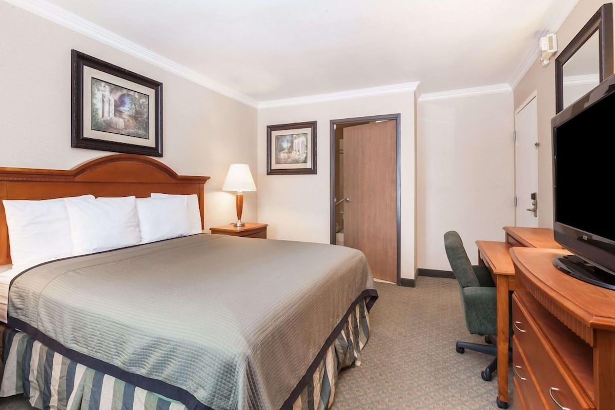 A hotel room with a bed, a desk with a television, a chair, and two doors.