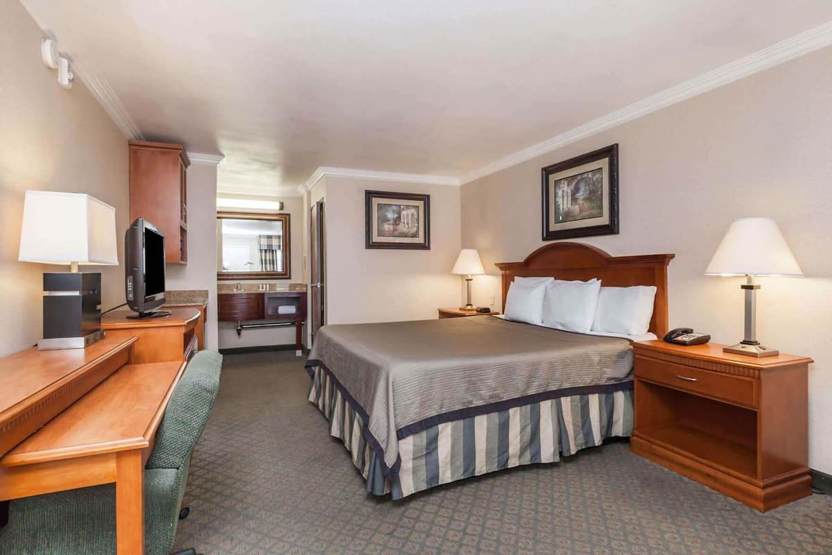 Una habitación de hotel con cama, mesitas de noche, escritorio, televisor y espejo.
