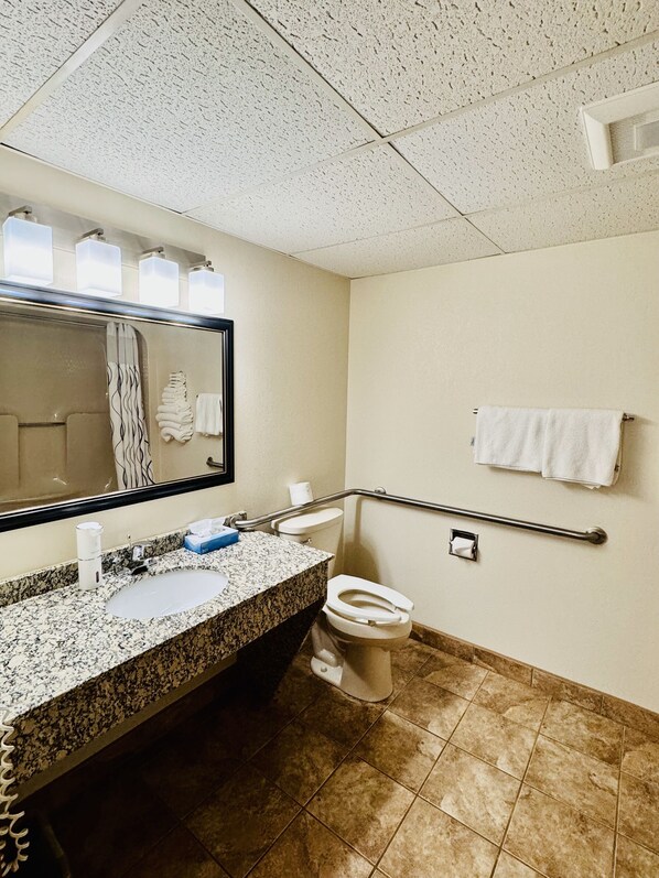 Une salle de bain équipée d’un lavabo en granit, de toilettes, d’un miroir et d’un porte-serviettes.