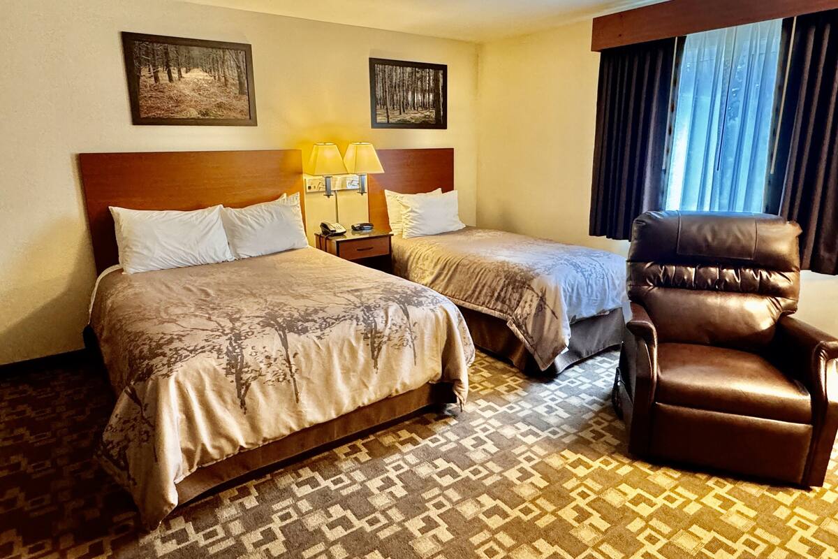 Une chambre d’hôtel avec deux lits, un fauteuil en cuir marron, une moquette à motifs et deux lampes fixées au mur.