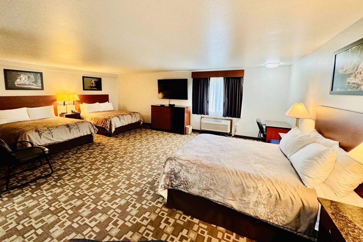 Une chambre d’hôtel avec deux lits, un bureau, une chaise, une télévision et une fenêtre avec des rideaux.