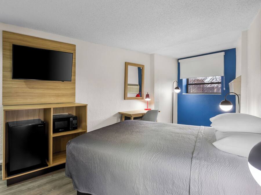 A hotel room with a bed, a desk, a TV mounted on a wooden panel, a microwave, a small refrigerator, a mirror, a lamp, and a window with a view.