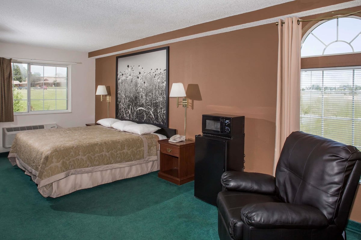 A hotel room with a bed, a desk, a chair, a television, and a large window with curtains.