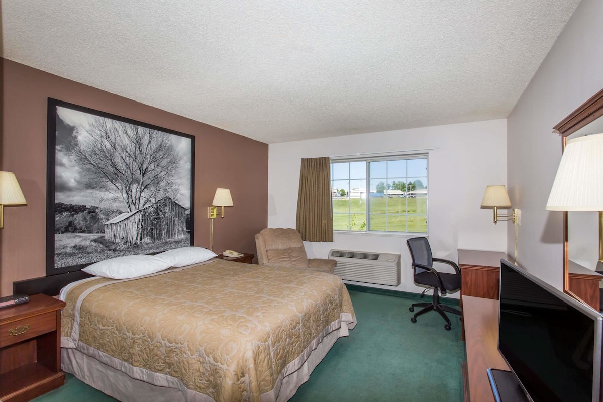 A hotel room with a large bed, a desk with a computer, a chair, a window with a view of a green landscape, and a painting on the wall.