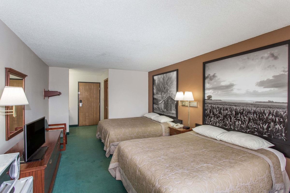 A hotel room with two beds, a television, a desk with a lamp, and a large framed picture on the wall.
