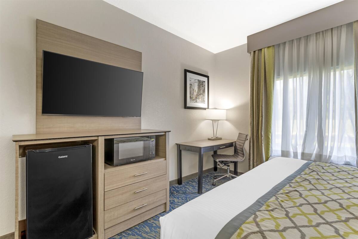 A hotel room with a bed, a desk, a chair, a television, and a refrigerator.
