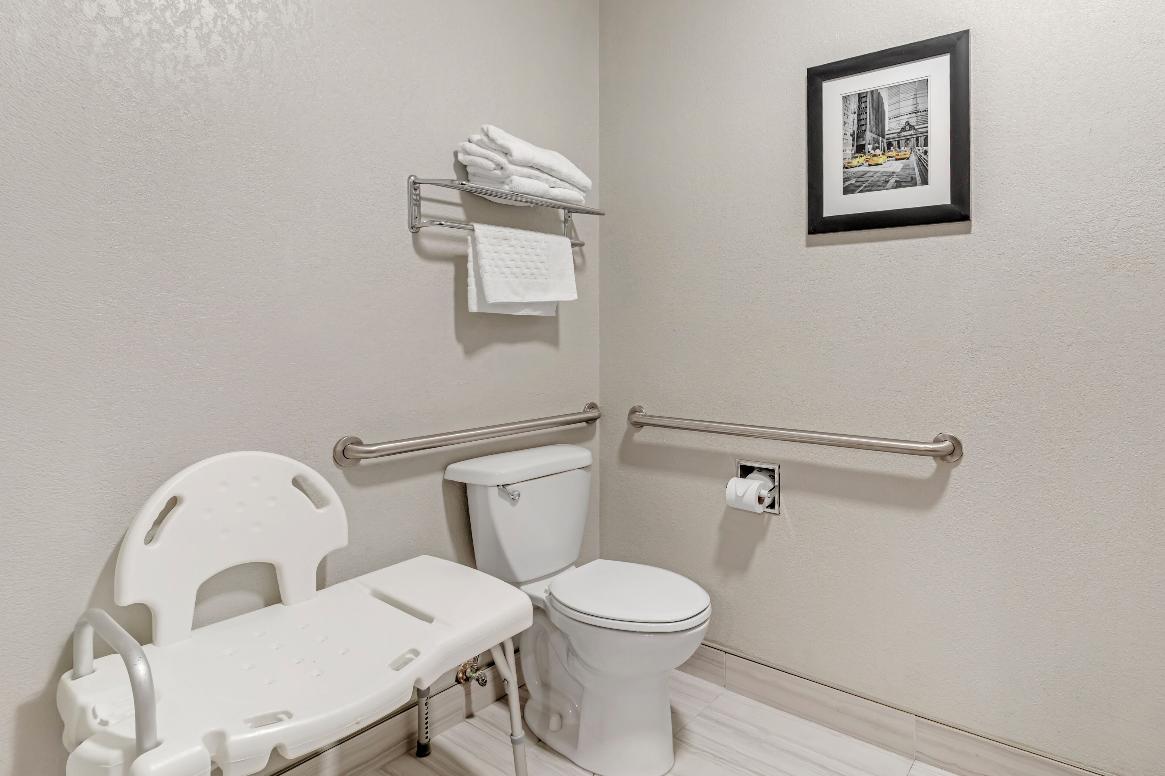 A bathroom with a toilet, grab bars, a white sink, and a framed picture on the wall.