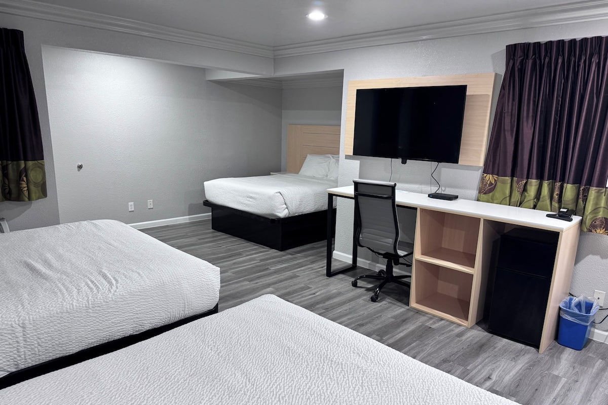 A hotel room with two beds, a desk, a chair, a TV, and a small trash bin.
