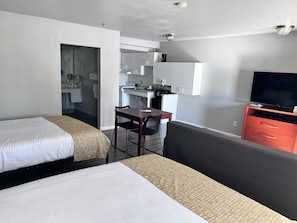 Fridge, microwave, dining tables