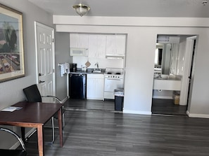 Room, 2 Queen Beds, Non Smoking, Kitchenette | Private kitchen | Fridge, microwave, dining tables