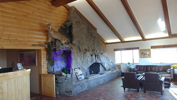 Una chimenea de piedra con una estatua de león, techo de madera, pared de piedra, mostrador de madera y una zona de estar con sillones de cuero.