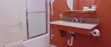 A bathroom with a shower, a sink with a mirror, and a toilet.