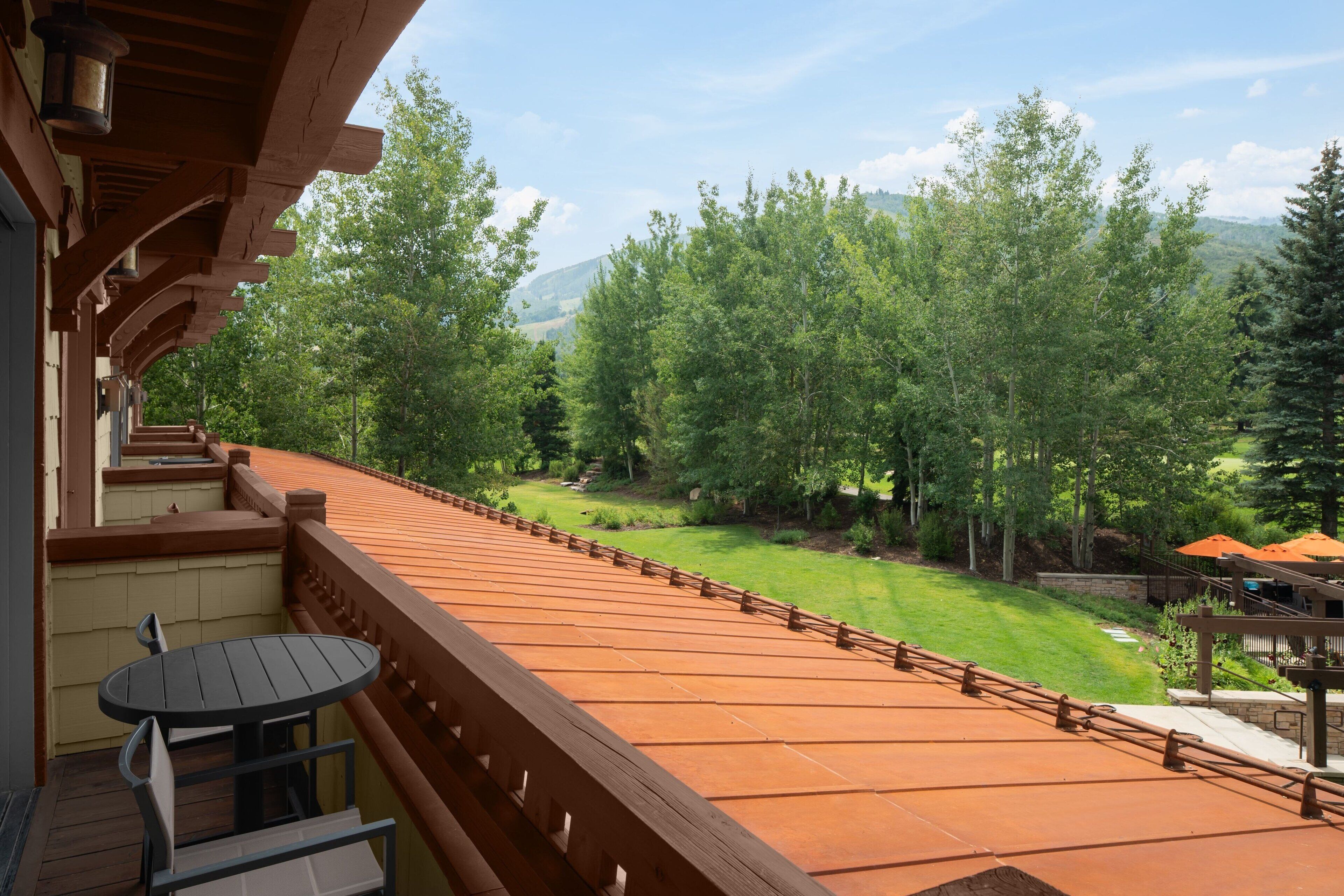 Une terrasse en bois avec une table et des chaises, offrant une vue sur un paysage verdoyant, avec des arbres et une montagne au loin.