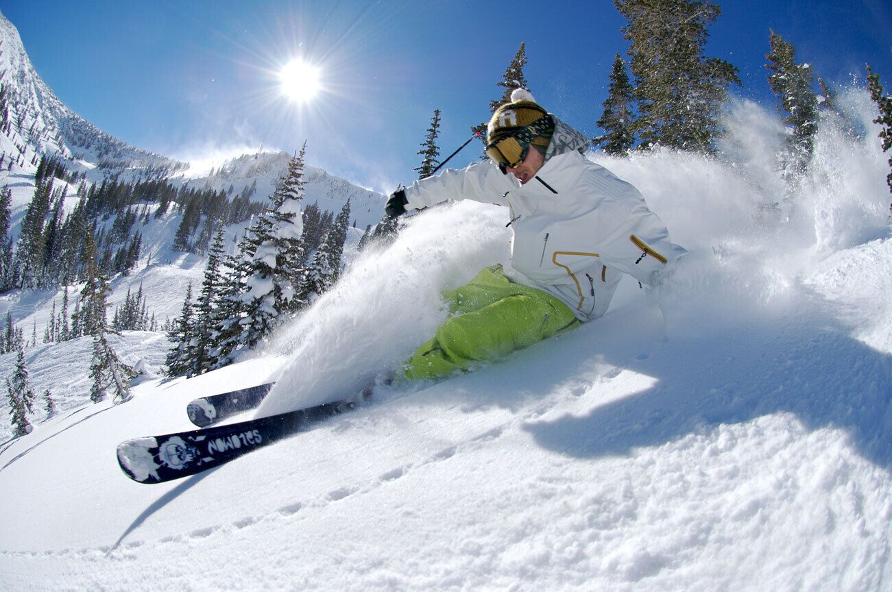 A person skiing down a snowy slope with trees and mountains in the background.