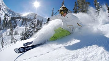 A person skiing down a snowy slope with trees and mountains in the background.