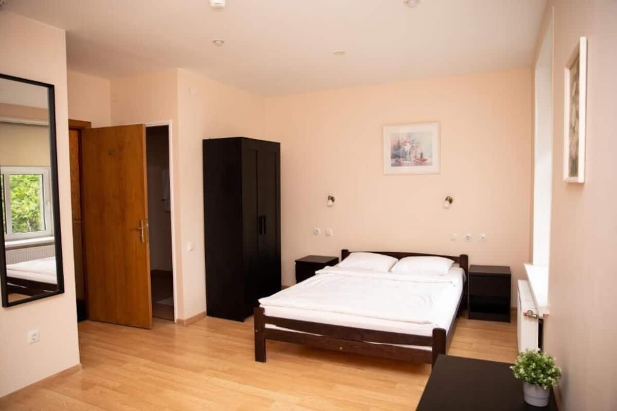 Ein Schlafzimmer mit einem hölzernen Bett, einem Kleiderschrank, einem Nachttisch und einem kleinen Tisch mit einer Pflanze.