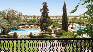 Un espace piscine d’hôtel comprenant deux grandes piscines, entouré de palmiers et de cyprès, avec un ciel dégagé au-dessus.