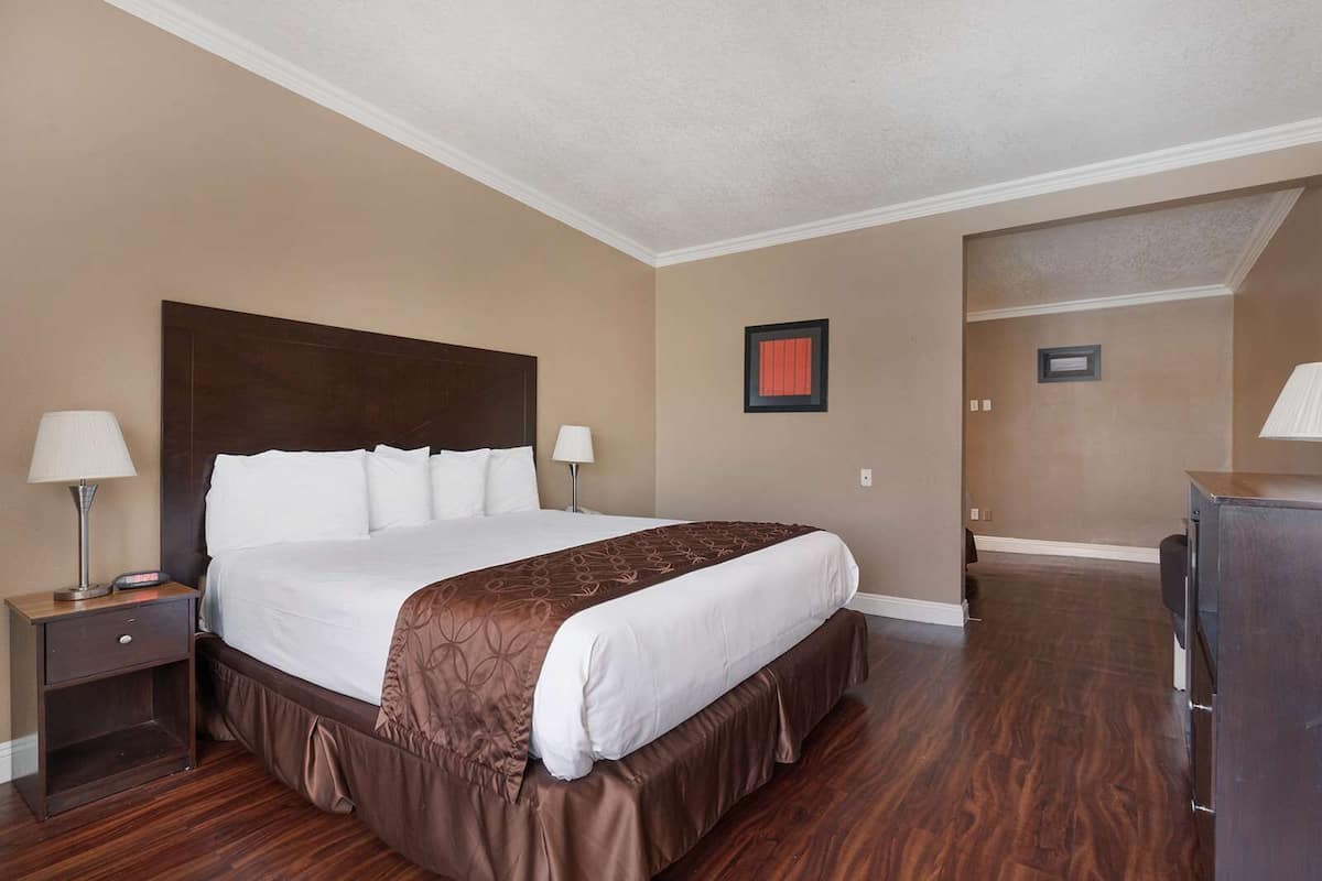 Une chambre d’hôtel avec un grand lit, deux tables de chevet avec des lampes, une commode et un tableau encadré au mur.