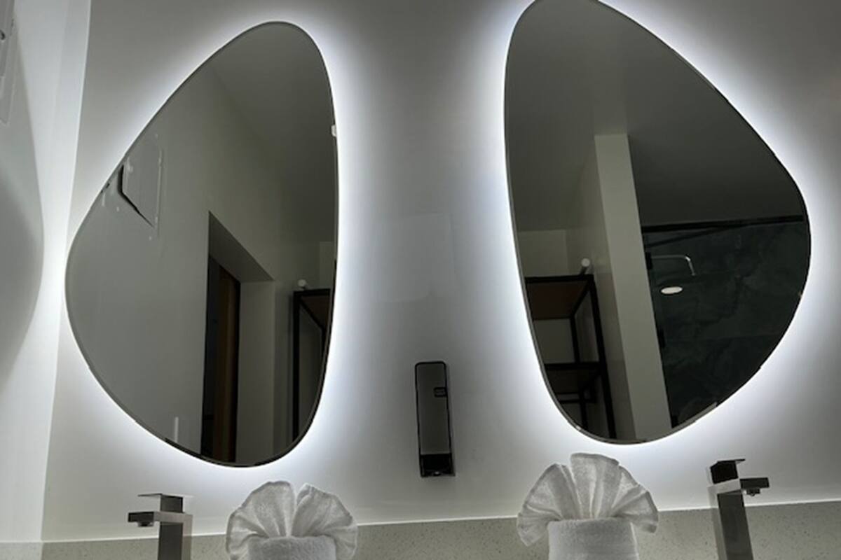 Une salle de bain moderne avec deux grands miroirs ovales, un distributeur de serviettes et un lavabo au design épuré.