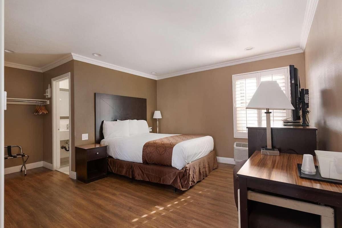 A hotel room with a bed, bedside table, lamp, desk, chair, and a window with blinds.