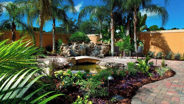 A landscaped garden with a pond, palm trees, and a stone bridge.