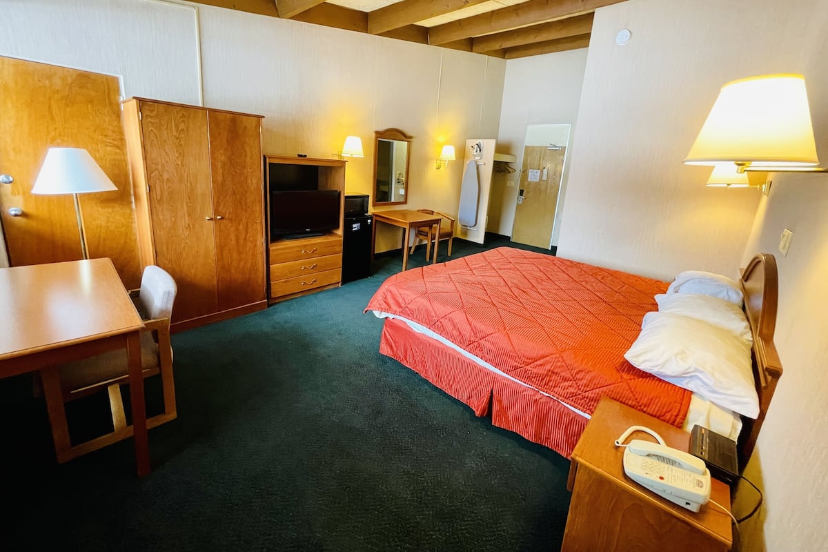 A hotel room with a bed, a desk, a TV, a wardrobe, and a mirror.