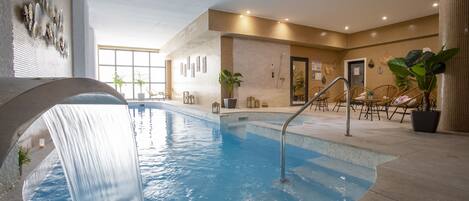 Indoor pool, seasonal outdoor pool, pool loungers
