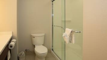 A bathroom with a toilet, a glass shower enclosure, and a towel rack.