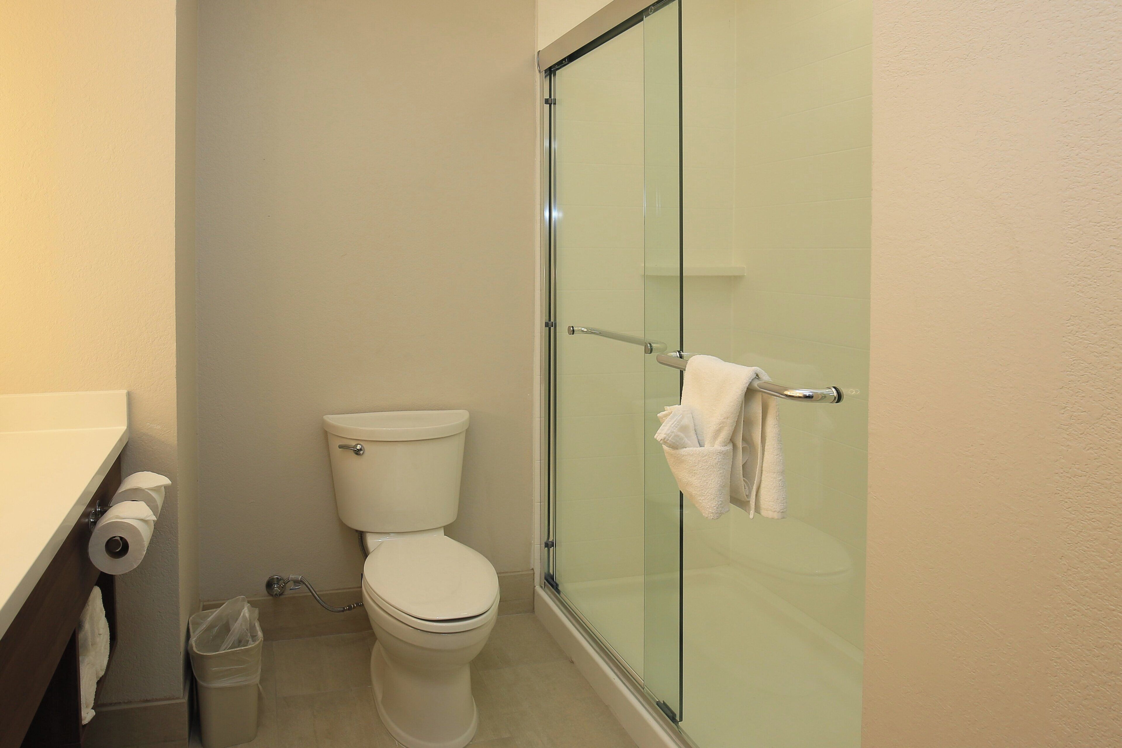 Un baño con inodoro, cabina de ducha de vidrio y un perchero para toallas.
