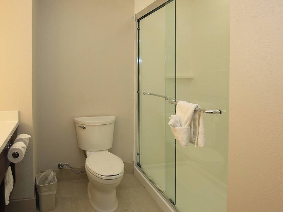 Un baño con inodoro, cabina de ducha de vidrio y un perchero para toallas.