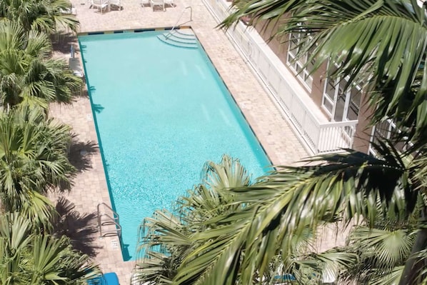 Una piscina al aire libre, sombrillas, sillones reclinables de piscina