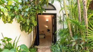 An indoor pathway leading to a room with a bed, surrounded by lush tropical plants. - Kinbe Hotel Boutique (Playa del Carmen)