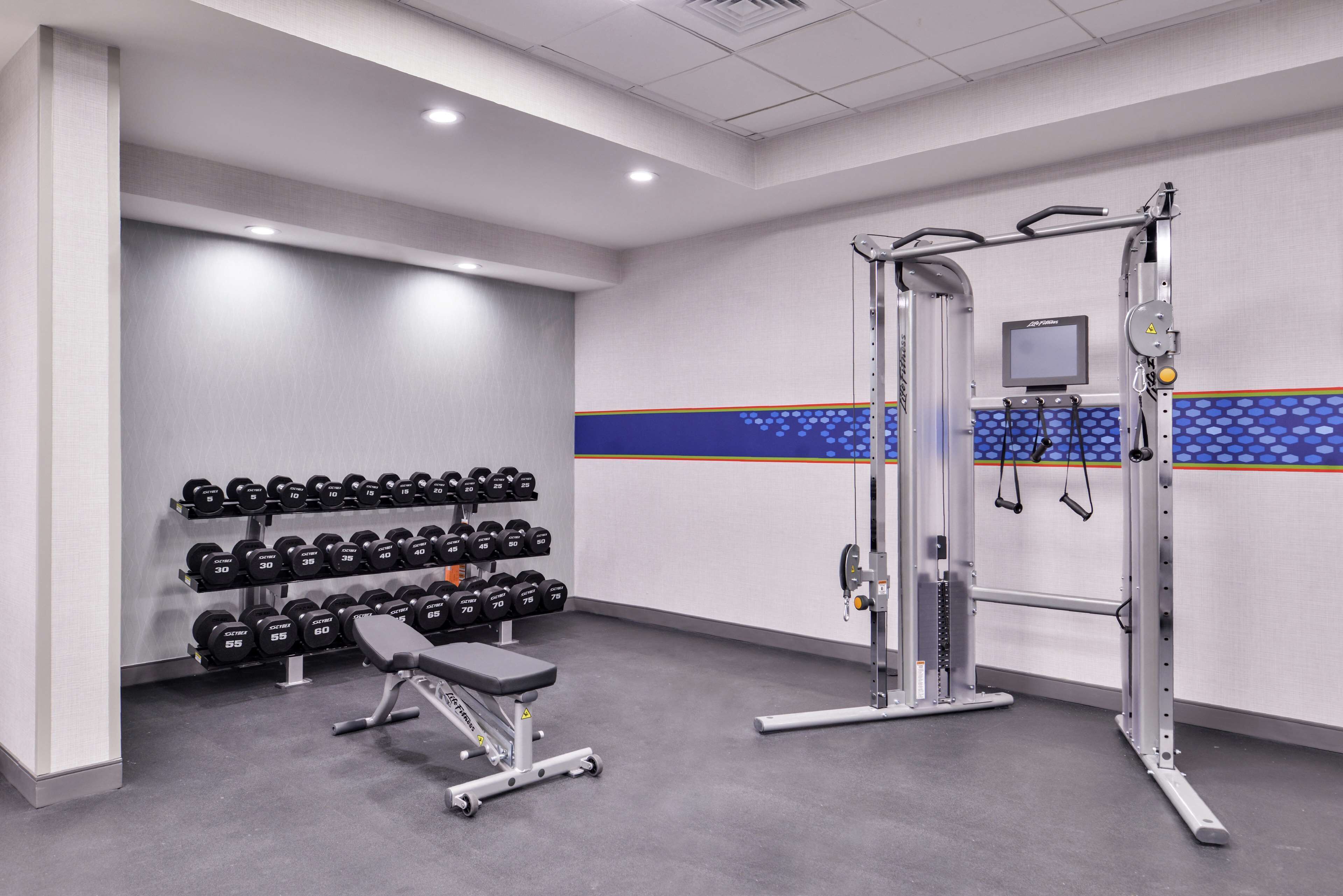 Kuntosali, jossa on painonnostovälineitä, käsipainoja ja penkki.