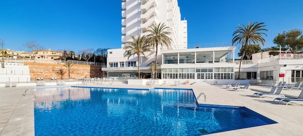 Outdoor pool, open 10 AM to 6 PM, pool umbrellas, pool loungers