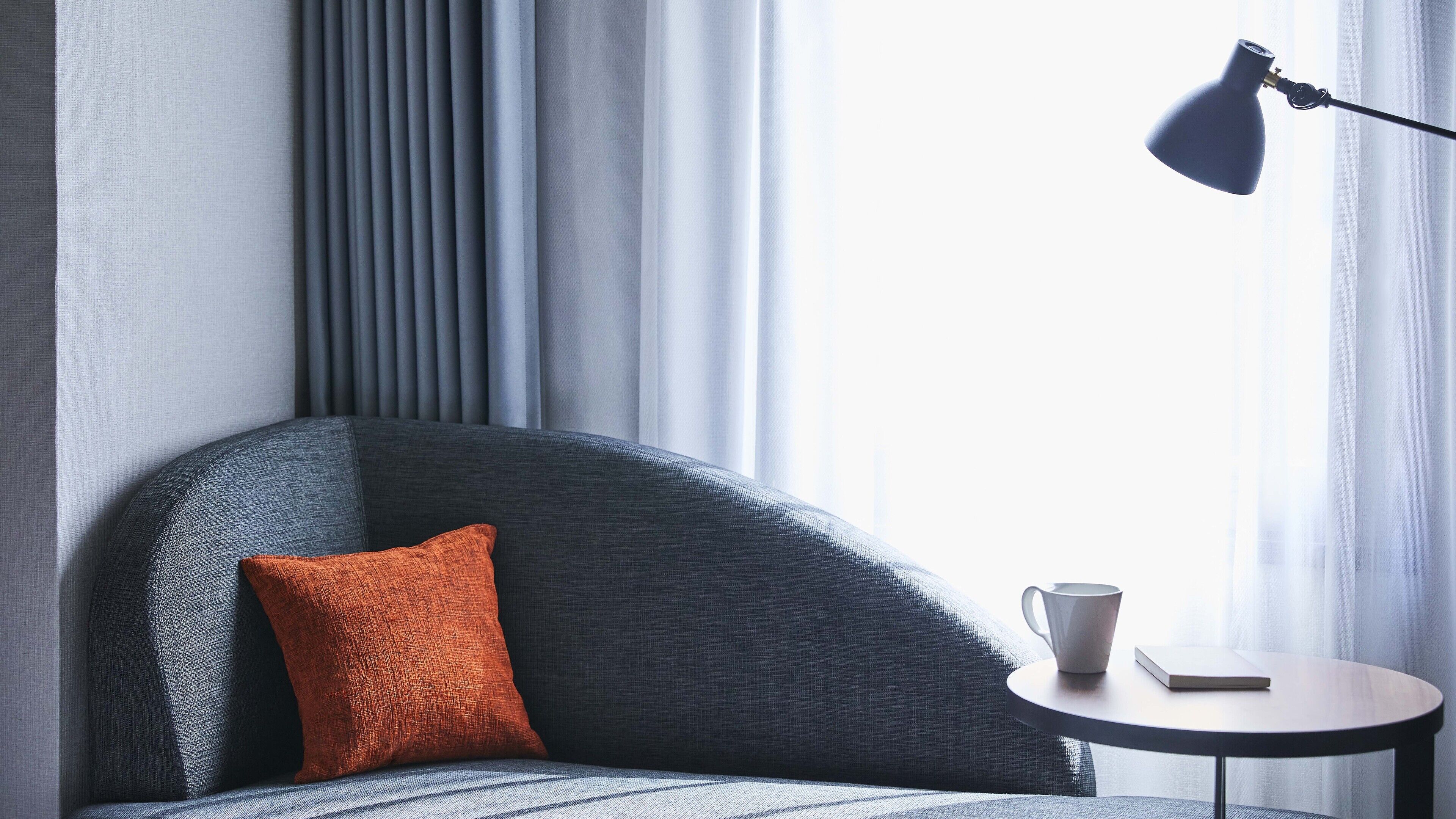 down duvets, desk, laptop workspace, blackout curtains