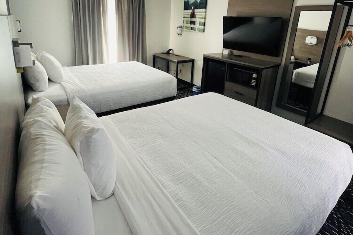 Une chambre d’hôtel avec deux lits, une télévision, un bureau et un miroir.