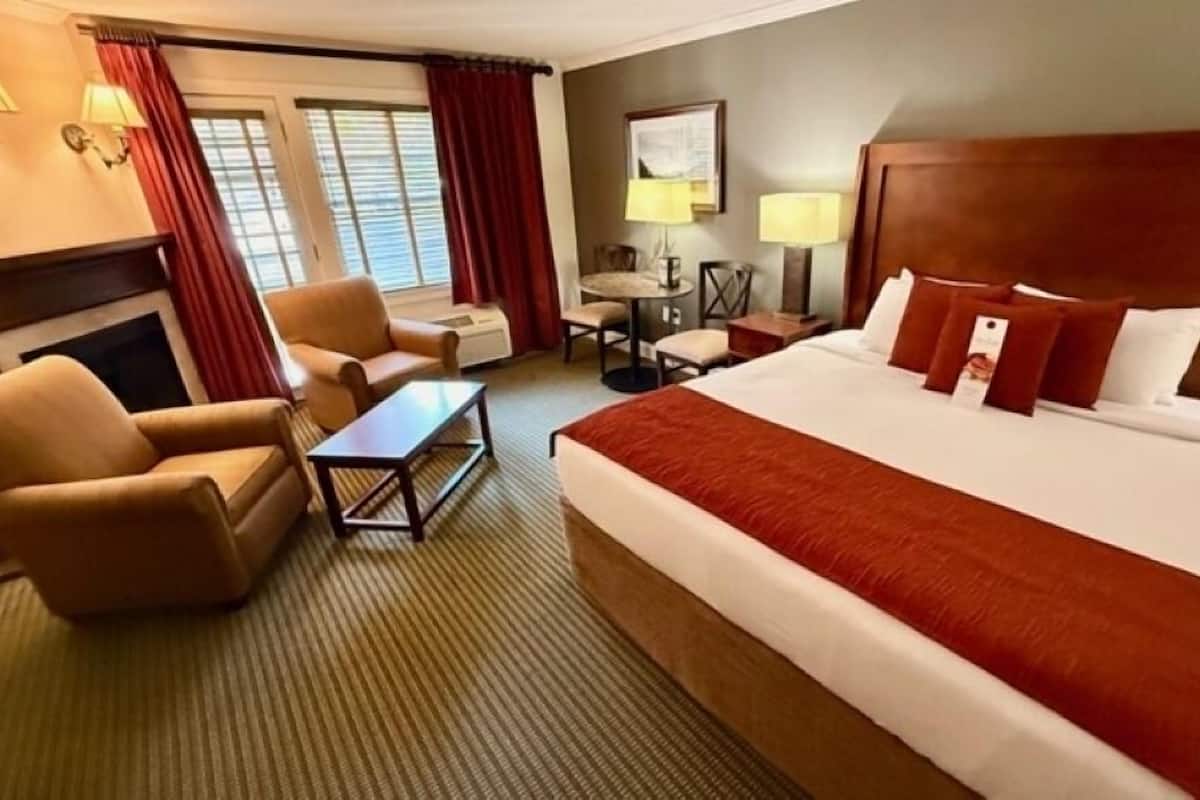 A hotel room with a large bed, a sofa, a small table, a desk, and a chair.