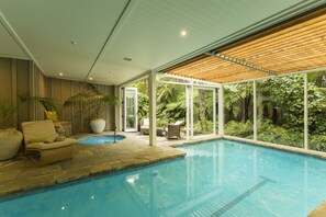 Indoor pool, outdoor pool, pool loungers