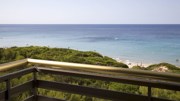 A coastal view with a beach, greenery, and a clear sky.