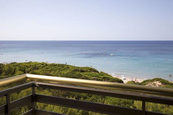 Vista costera con playa, vegetación y cielo despejado.