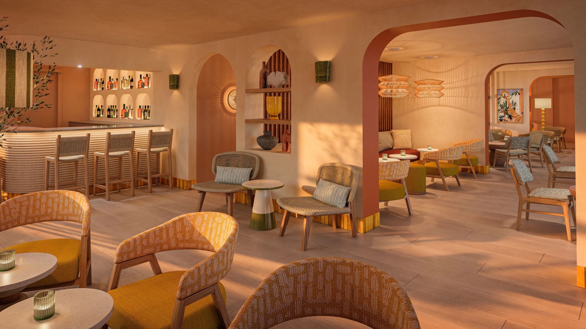 Interior de restaurante con barra, diversas opciones de asientos como mesas redondas y sillas, y elementos decorativos en las paredes.