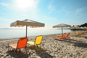 Private beach, sun loungers, beach umbrellas, beach towels