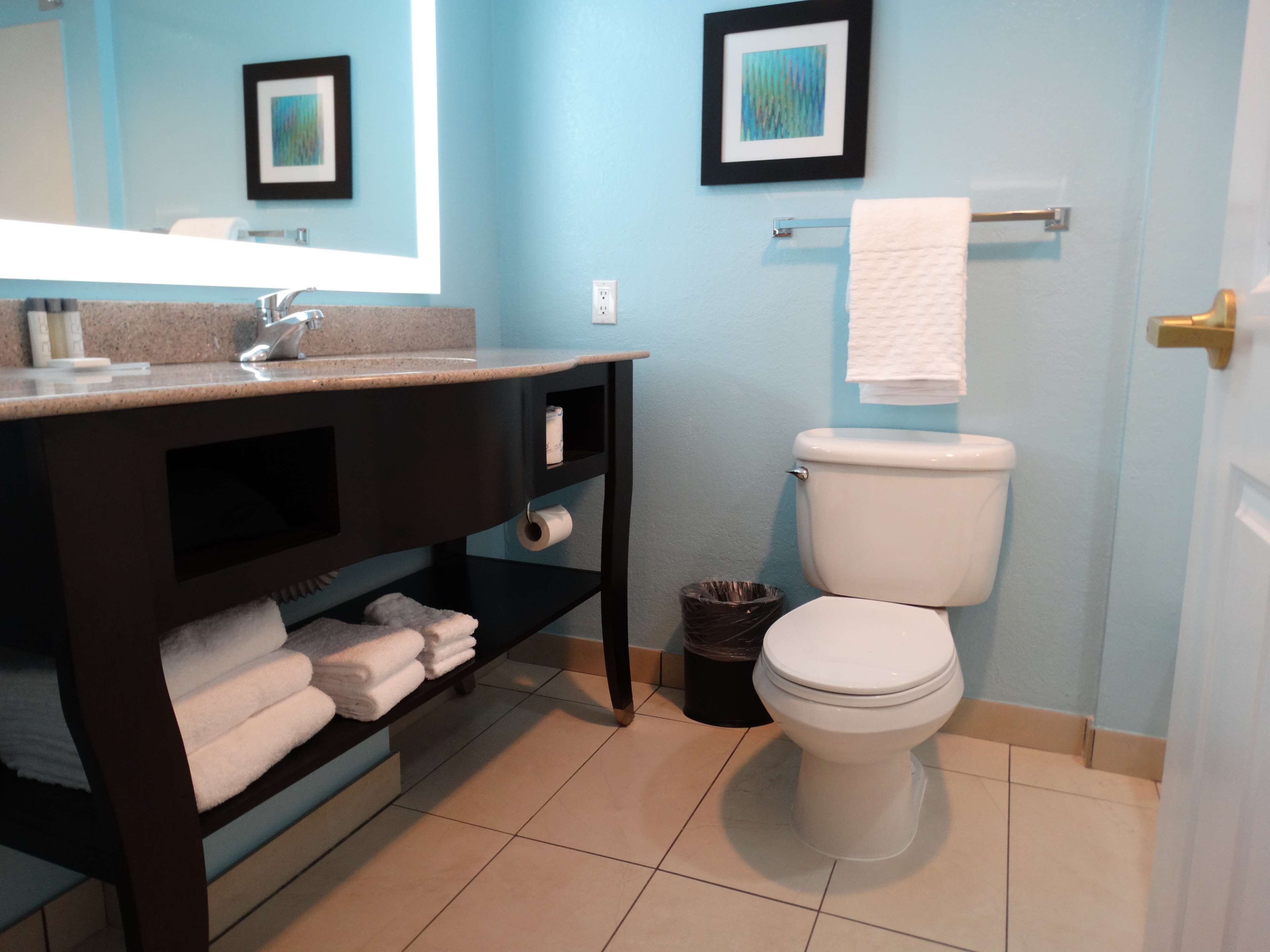 A bathroom with a sink, toilet, and towel rack.