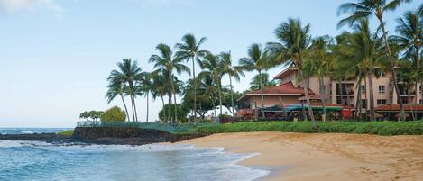 A beach with a hotel featuring a red-roofed building, palm trees, and a view of the ocean.